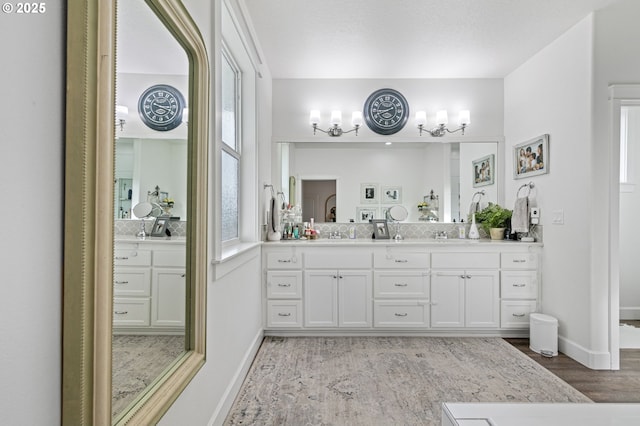 bathroom featuring vanity and hardwood / wood-style floors