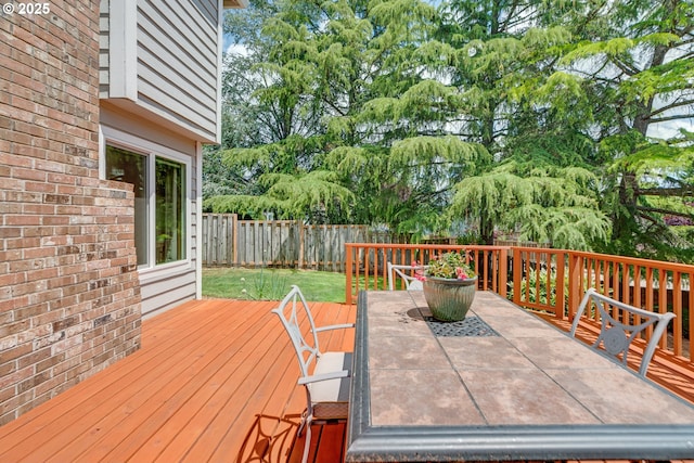 2038 Titan Ter, West Linn, OR 97068 - wooden deck featuring a fenced backyard, outdoor dining space, and view of scattered trees