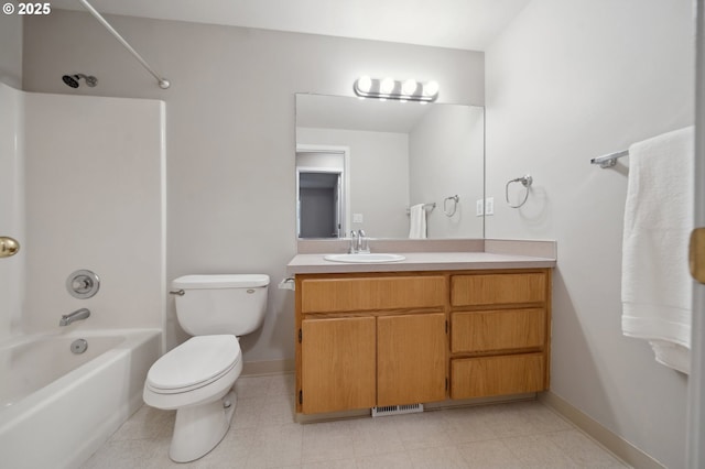 full bathroom with toilet, tile patterned floors, vanity, and shower / washtub combination