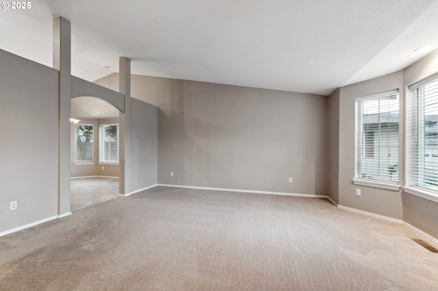 carpeted empty room with lofted ceiling and plenty of natural light