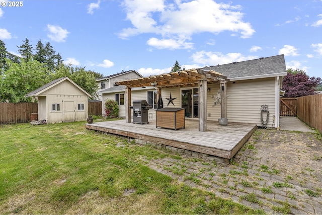112 Stoneway Ln, Longview, WA 98632 - rear view of property with a pergola, a deck, an outdoor structure, and a shingled roof