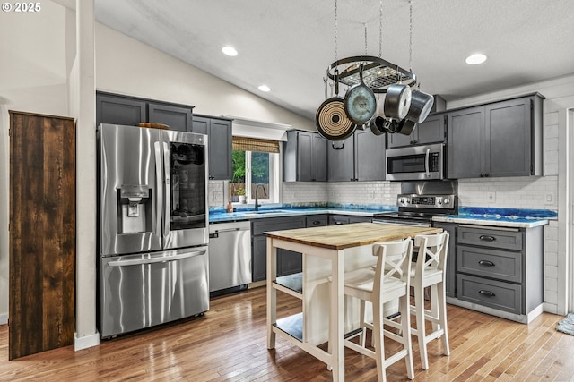 112 Stoneway Ln, Longview, WA 98632 - kitchen with appliances with stainless steel finishes, butcher block counters, a sink, decorative backsplash, and light wood finished floors