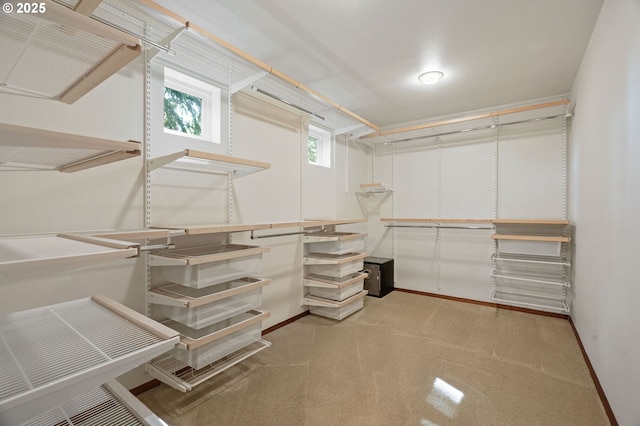 spacious closet featuring light carpet