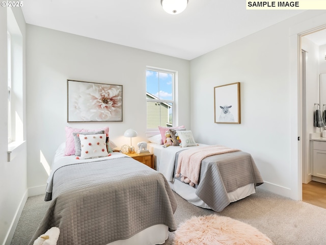 bedroom with light carpet