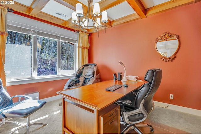 carpeted office featuring baseboards, visible vents, coffered ceiling, and a chandelier