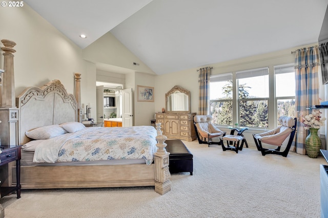 carpeted bedroom featuring recessed lighting, connected bathroom, high vaulted ceiling, and visible vents