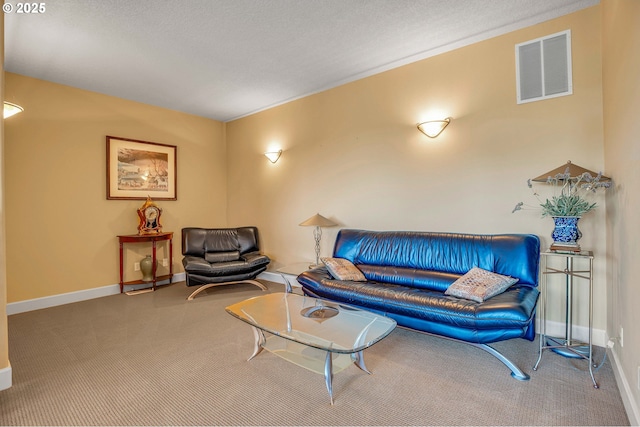 carpeted living room featuring visible vents, a textured ceiling, and baseboards