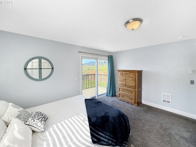 bedroom with visible vents, baseboards, access to exterior, and carpet flooring