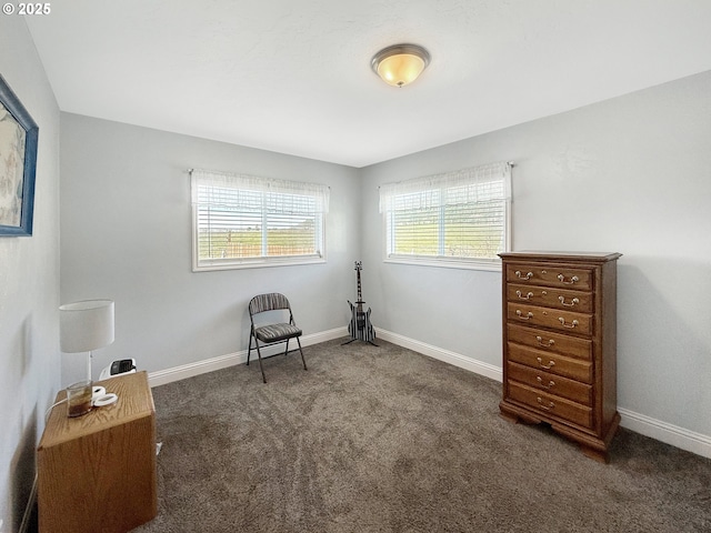 sitting room with baseboards and carpet flooring