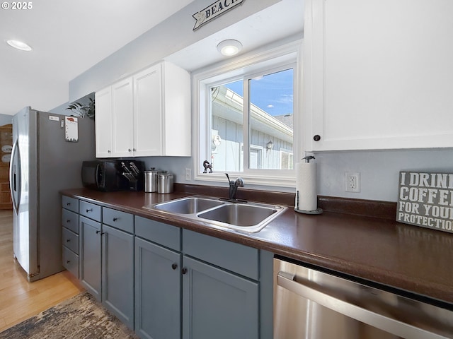 kitchen with light wood finished floors, a sink, stainless steel appliances, white cabinetry, and dark countertops