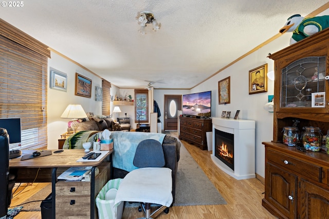 540 Kesling St, Harrisburg, OR 97446 - office area with crown molding, a glass covered fireplace, light wood-style flooring, and a textured ceiling