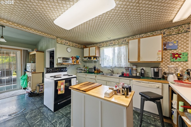 540 Kesling St, Harrisburg, OR 97446 - kitchen with range with electric stovetop, butcher block countertops, a sink, dishwasher, and a kitchen island