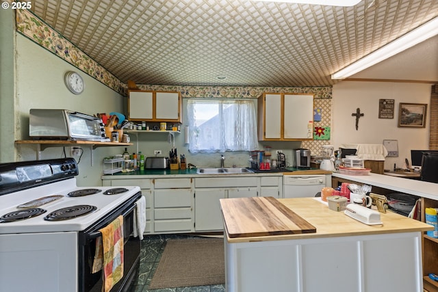 540 Kesling St, Harrisburg, OR 97446 - kitchen featuring range with electric cooktop, a sink, dishwasher, wooden counters, and open shelves
