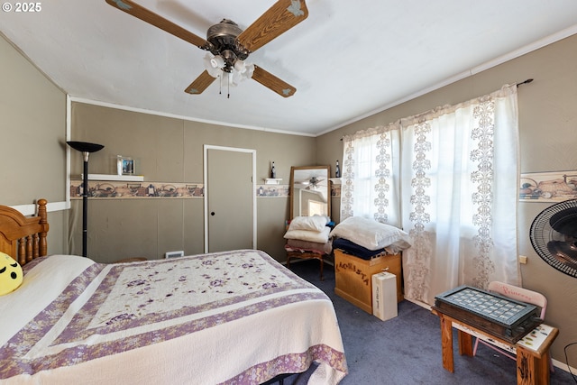 540 Kesling St, Harrisburg, OR 97446 - bedroom with carpet flooring, ornamental molding, and a ceiling fan