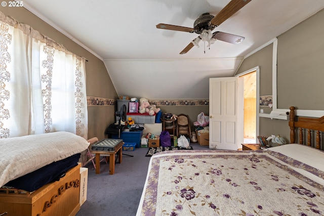540 Kesling St, Harrisburg, OR 97446 - bedroom with carpet flooring, vaulted ceiling, a ceiling fan, and wainscoting