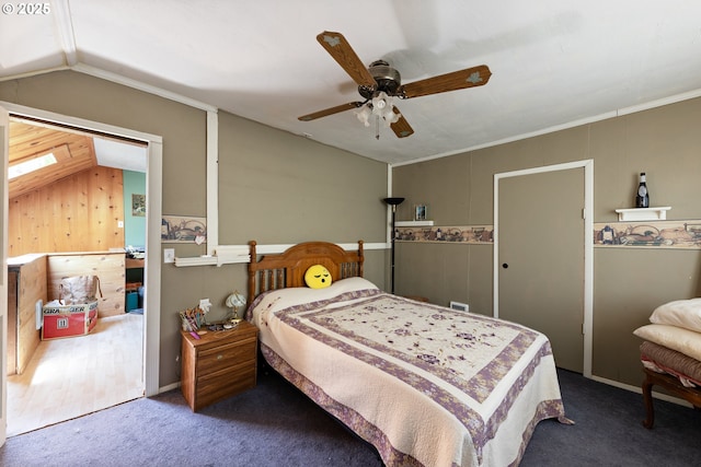 540 Kesling St, Harrisburg, OR 97446 - bedroom featuring lofted ceiling, carpet, ceiling fan, and wood walls