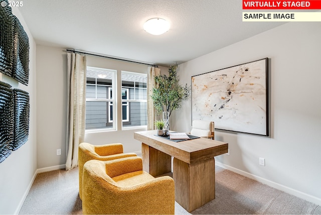 carpeted office space with a textured ceiling and baseboards