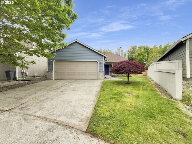 single story home featuring brick siding, a garage, a front yard, and concrete driveway