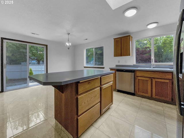 kitchen with a sink, visible vents, brown cabinetry, and dishwasher