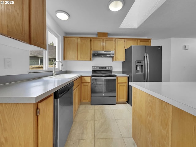 kitchen featuring appliances with stainless steel finishes, a sink, light countertops, under cabinet range hood, and a skylight