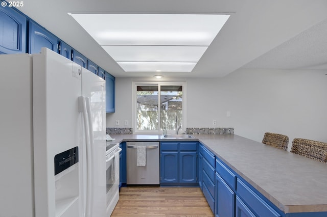 kitchen with a peninsula, white appliances, blue cabinets, a sink, and light wood finished floors