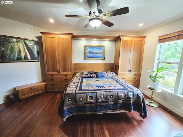 bedroom with dark wood-style flooring, crown molding, ceiling fan, recessed lighting, and baseboards