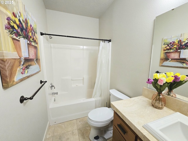 bathroom featuring vanity, toilet, baseboards, shower / bathtub combination with curtain, and tile patterned floors