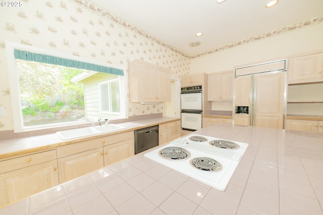 4020 NW Princess St, Corvallis, OR 97330 - kitchen featuring white appliances, tile countertops, wallpapered walls, and recessed lighting
