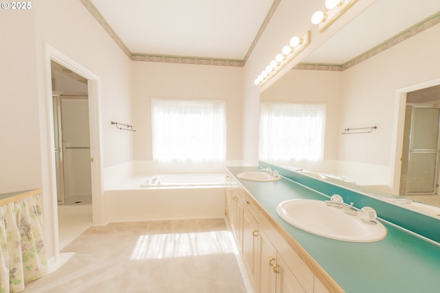 4020 NW Princess St, Corvallis, OR 97330 - bathroom featuring a stall shower, a bath, healthy amount of natural light, and double vanity