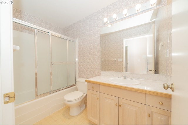 4020 NW Princess St, Corvallis, OR 97330 - bathroom with vanity, wallpapered walls, combined bath / shower with glass door, and tile patterned flooring