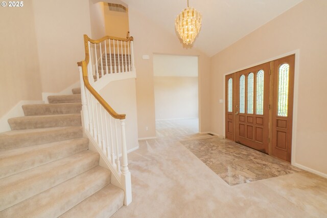 4020 NW Princess St, Corvallis, OR 97330 - foyer featuring a chandelier, carpet, stairs, and vaulted ceiling