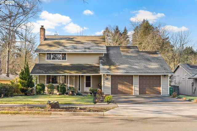 view of front of home featuring a garage, a front yard, and a porch