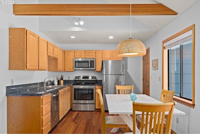 kitchen with pendant lighting, appliances with stainless steel finishes, a sink, recessed lighting, and dark wood-type flooring