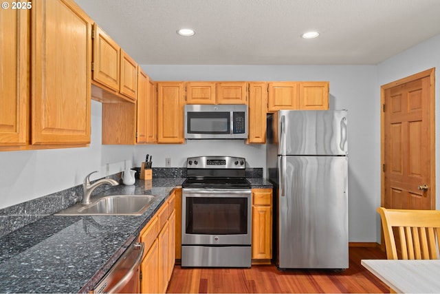 kitchen featuring a sink, recessed lighting, stainless steel appliances, and dark wood-style flooring