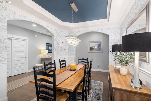10603 NE 92nd Ave, Vancouver, WA 98662 - dining space with wallpapered walls, arched walkways, dark wood finished floors, a chandelier, and ornamental molding