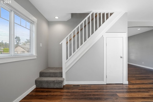 220 Adams Ave, Silverton, OR 97381 - stairway featuring wood finished floors, baseboards, and recessed lighting