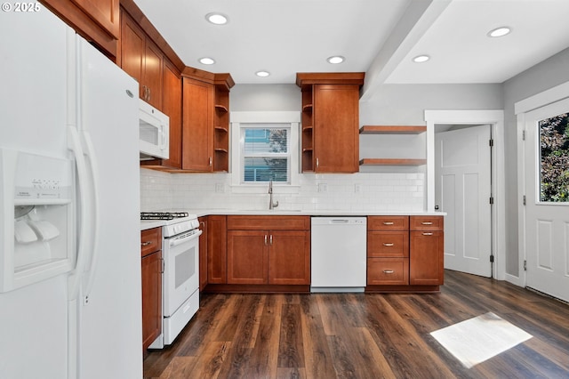 220 Adams Ave, Silverton, OR 97381 - kitchen with white appliances, open shelves, a sink, dark wood-type flooring, and backsplash