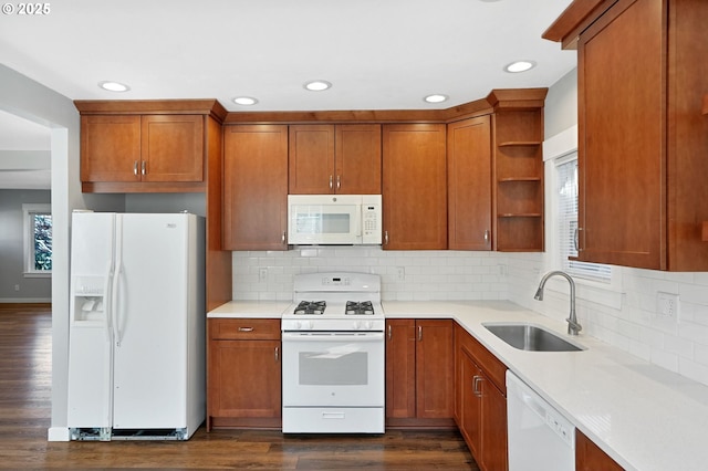 220 Adams Ave, Silverton, OR 97381 - kitchen with white appliances, a sink, open shelves, dark wood-type flooring, and brown cabinets