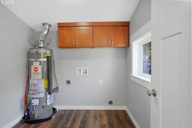 220 Adams Ave, Silverton, OR 97381 - laundry area featuring secured water heater, hookup for an electric dryer, washer hookup, cabinet space, and dark wood-style flooring