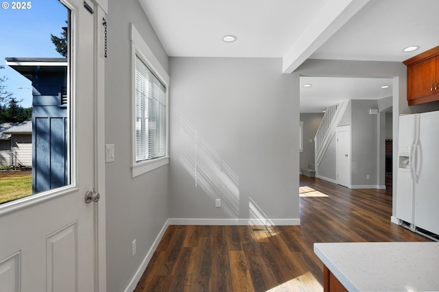 220 Adams Ave, Silverton, OR 97381 - foyer featuring dark wood-type flooring, baseboards, recessed lighting, and stairs