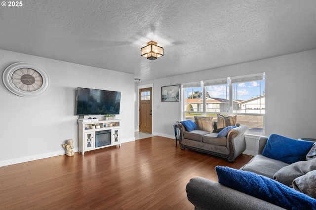 living room with a textured ceiling and wood-type flooring