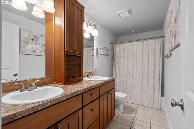 full bathroom featuring toilet, tile patterned flooring, shower / bathtub combination with curtain, and vanity