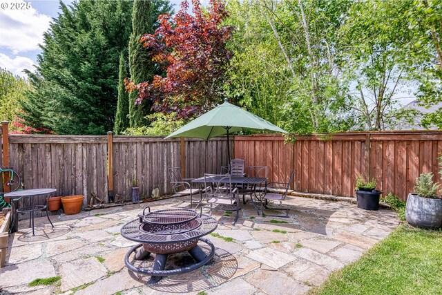 view of patio / terrace with outdoor dining area, a fenced backyard, and a fire pit