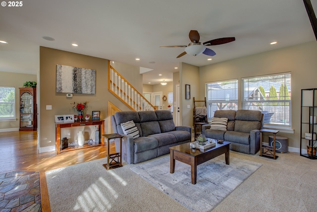 459 Oak Valley Loop, Winchester, OR 97495 - living area featuring ceiling fan, stairs, and recessed lighting