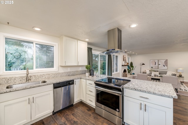 kitchen with kitchen peninsula, island exhaust hood, appliances with stainless steel finishes, white cabinets, and sink