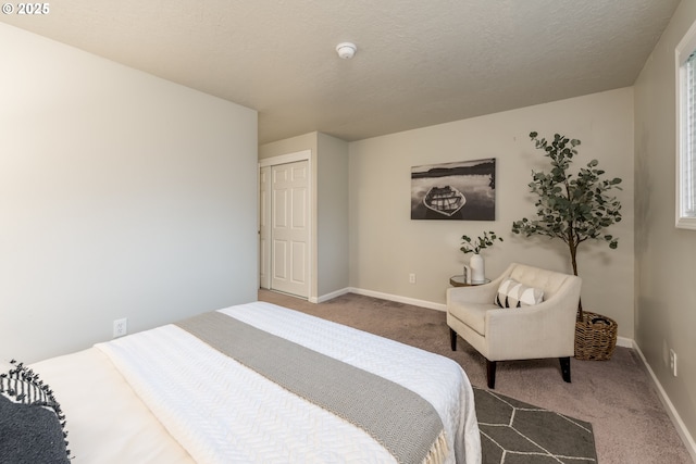 bedroom featuring carpet, a closet, and a textured ceiling