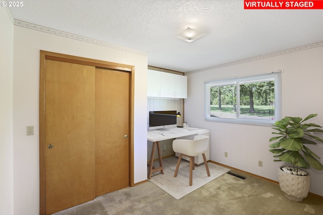 office space with carpet flooring and a textured ceiling