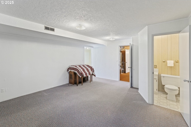 finished below grade area featuring carpet floors and a textured ceiling