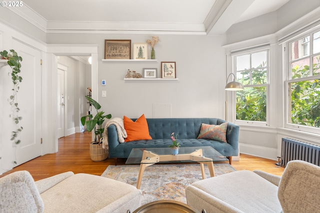 2083 NW Johnson St Unit 34, Portland, OR 97209 - living room featuring radiator, wood finished floors, ornamental molding, and baseboards