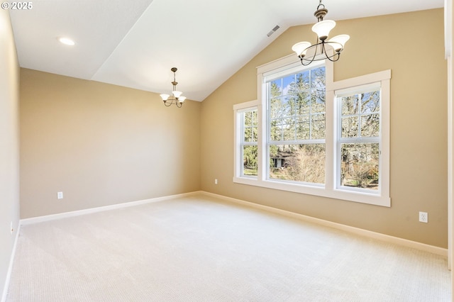 unfurnished room featuring lofted ceiling, light carpet, baseboards, and an inviting chandelier